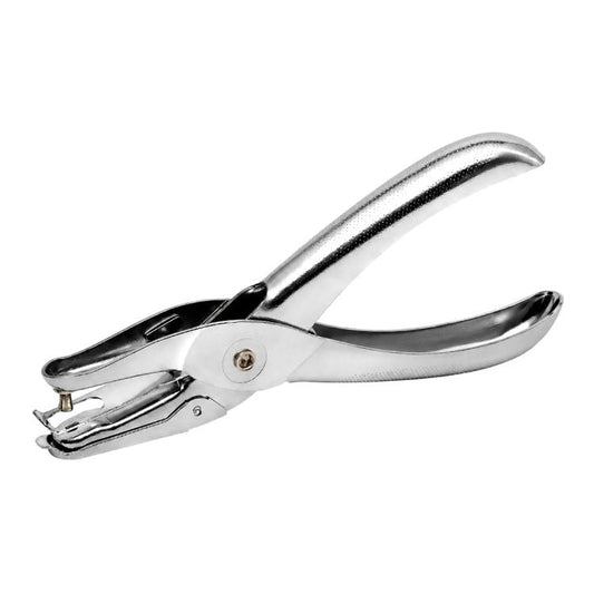 Chrome handheld single-hole punch with arched handle and circular punch plate