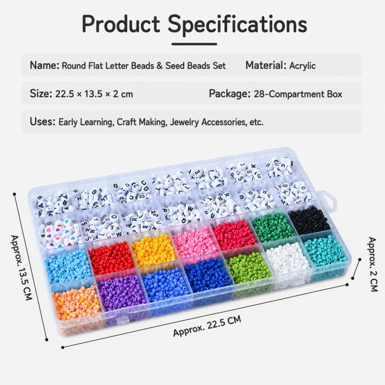 Round flat letter and seed bead kit in clear 28-compartment organizer box