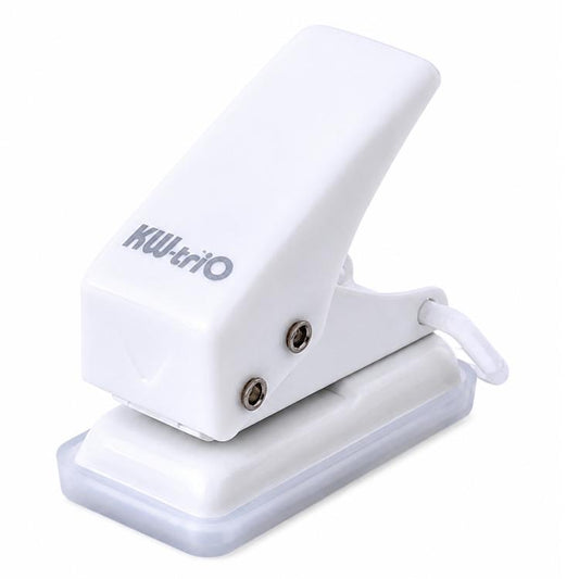 White mini single-hole paper punch with clear base and side lever