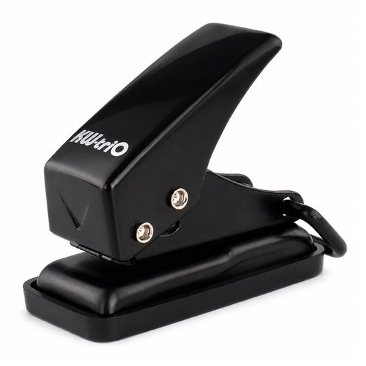 Black mini single-hole paper punch with side lever and base tray