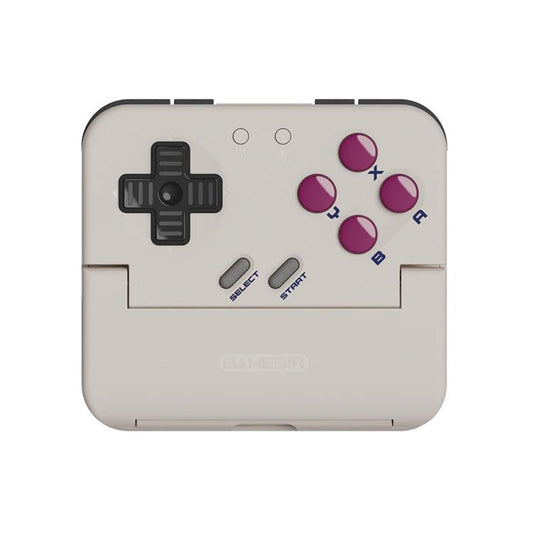 White folding pocket game controller with purple face buttons and black D-pad