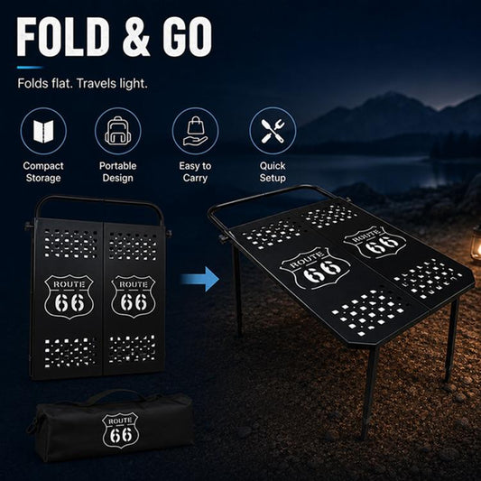 Portable folding metal dining table folded flat, showing perforated mosaic panels.