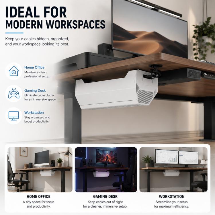White under-desk cable management box mounted under desk with cable routing cover