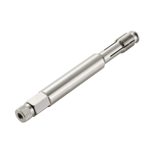 Spark plug thread repair tool, silver cylindrical body with knurled nut and threaded tip
