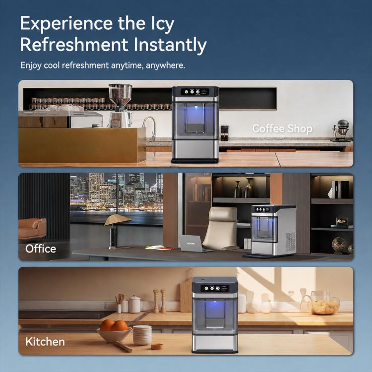 Compact countertop ice maker with illuminated window and control panel.