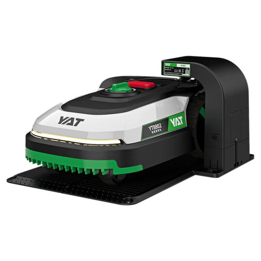Intelligent robot lawn mower with white body, green accents, and raised control panel