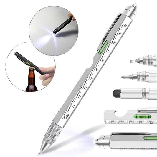 Silver multifunction tool pen with LED window, ruler scale, bubble level, and bottle opener