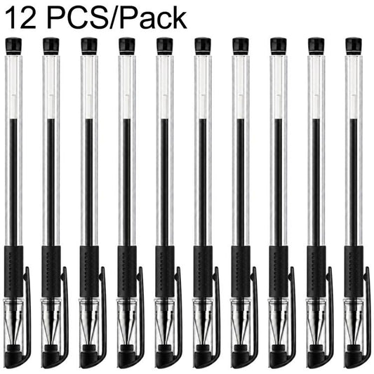 Set of 12 black gel pens with transparent barrels and bullet tips, rubber grip