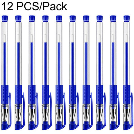 Set of 12 blue gel pens with transparent barrels, bullet tips, and rubber grip