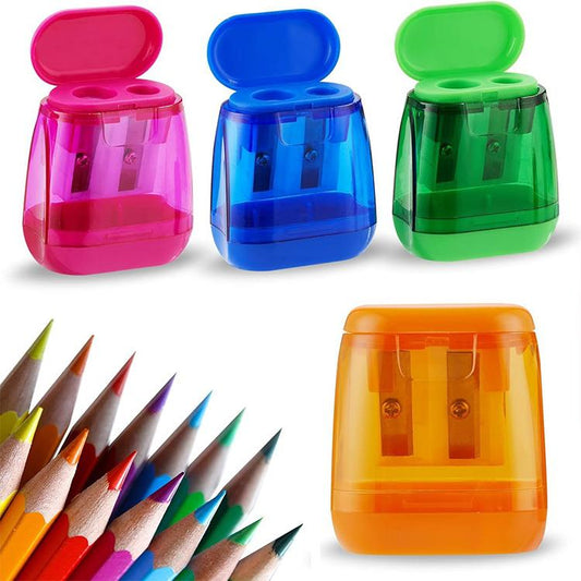 Transparent double-hole pencil sharpeners in pink, blue, green, and orange colors