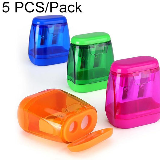 5-pack transparent plastic cap double-hole pencil sharpeners in blue, green, pink, orange