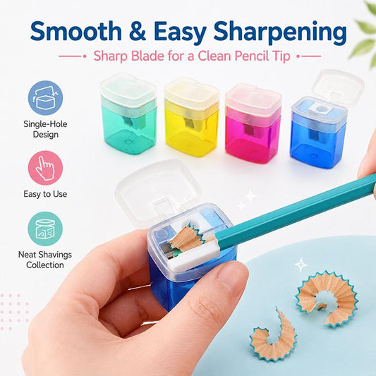Handheld single-hole pencil sharpener with transparent shavings box and flip-top lid