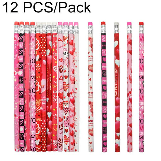 Holiday-themed writing pencils, 12-pack with pink, red, and white designs