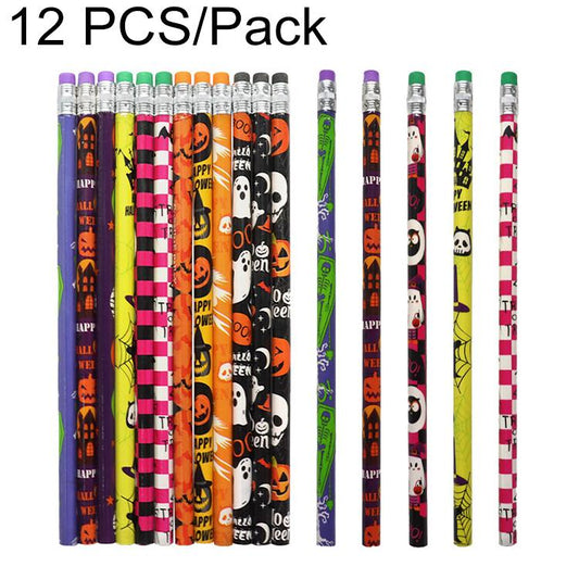 Holiday-themed writing pencils, 12-pack with purple, green, and orange prints