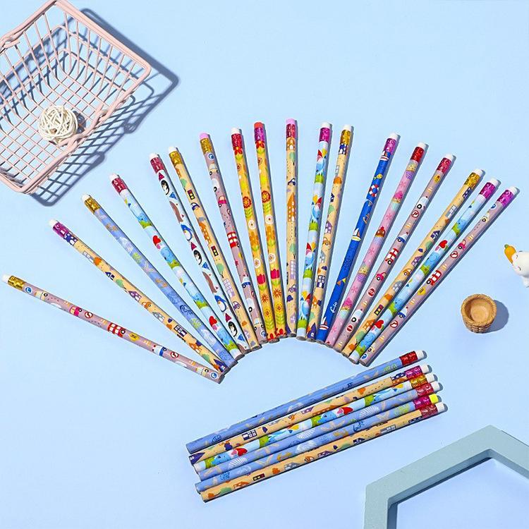 Fan of multicolor holiday eraser pencils with printed scenes and tips