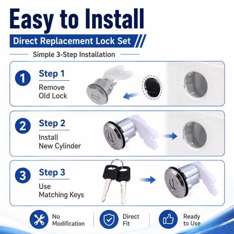 Lock cylinder set with keys, direct replacement for ignition switch and door locks