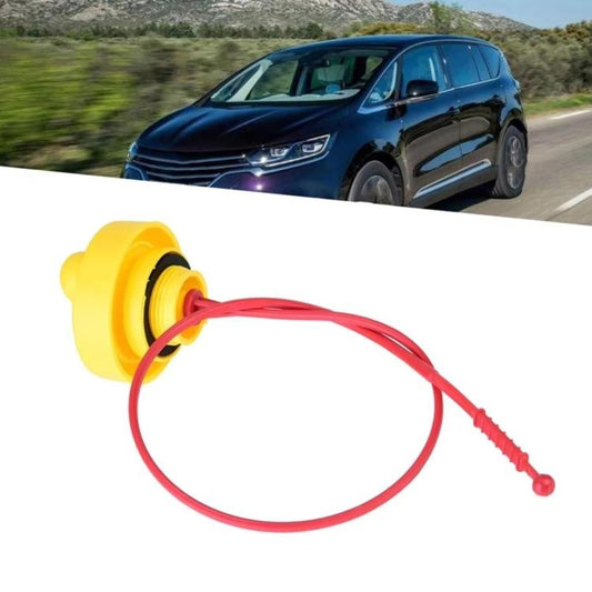 Engine oil dipstick with yellow cap and red wire loop, ball tip