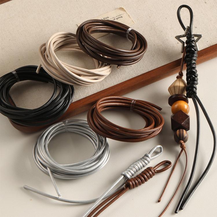 3mm PU leather beading wires in assorted coils: silver, black, white, and brown tones