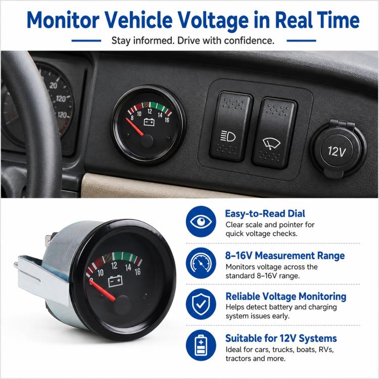 52mm analog pointer voltmeter in car dashboard with red needle and black bezel