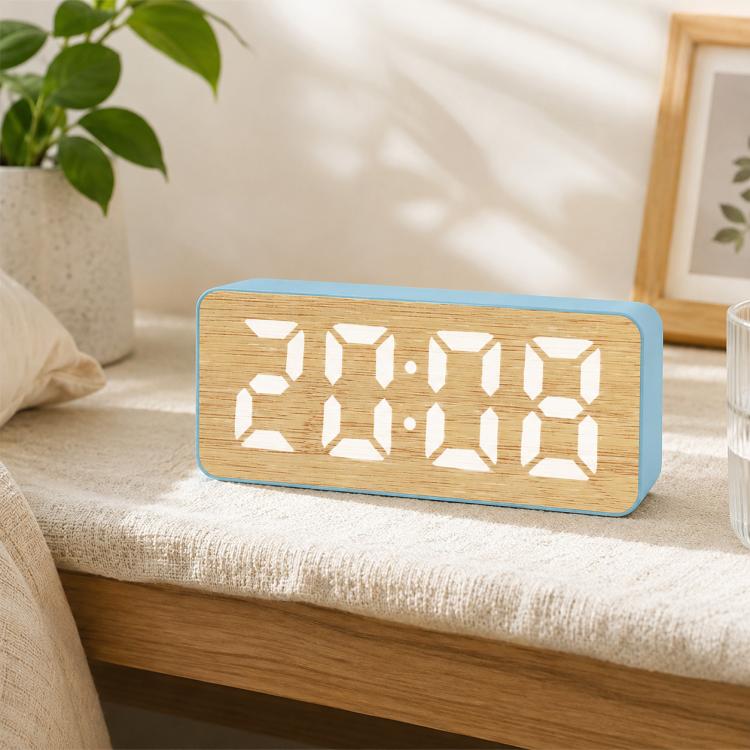 Wood-look bamboo-texture LED alarm clock with blue border and large digits display