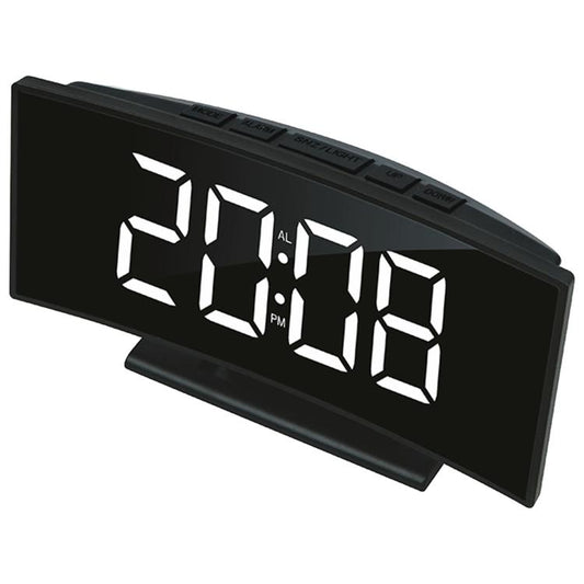 Curved LED digital clock with white LED time display on black housing