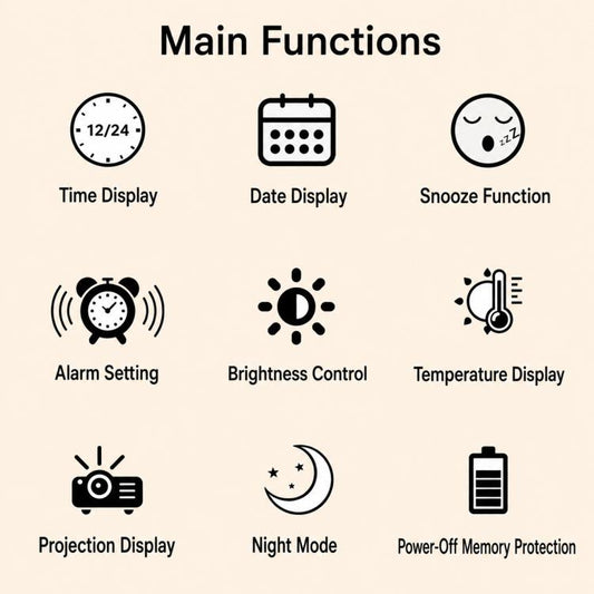 Clock feature icon diagram for time, date, snooze, alarm, brightness, and temperature