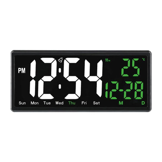 LED digital clock with large white time display and day/date indicators, black housing.