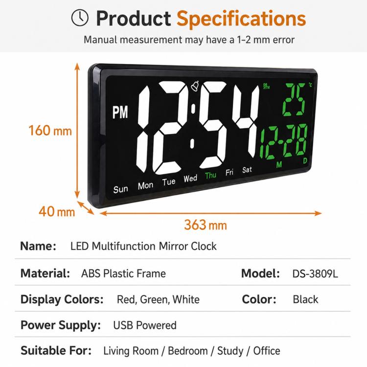 Black LED multifunction mirror clock with large digital time display in green and red
