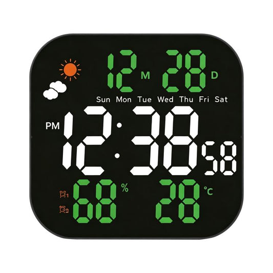 LED digital weather clock with green numbers, day/date, humidity %, and temperature °C