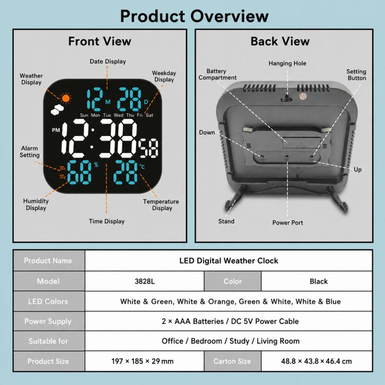 LED digital weather clock with large time display, date and humidity/temperature readouts