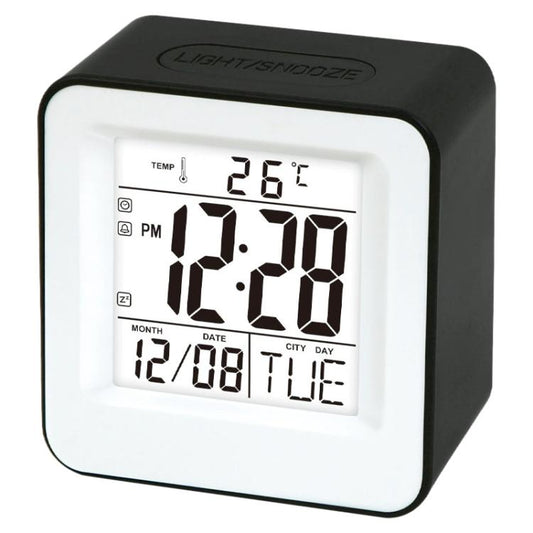 Black square desktop alarm clock with bright digital time and temperature display