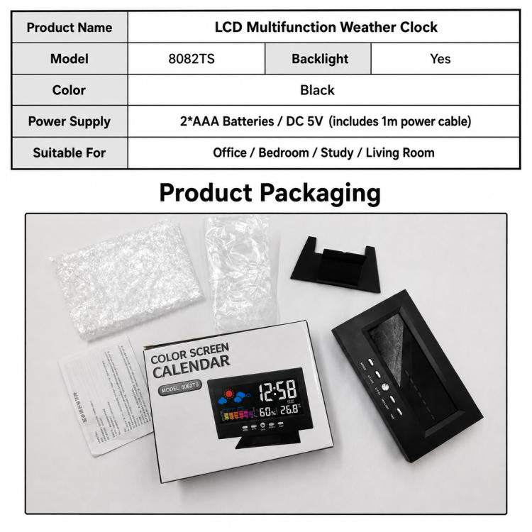 LCD multifunction weather clock packaging with box contents and instruction booklet insert.