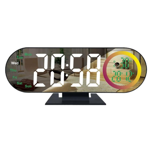 White LED digital mirror clock with day names and time display on curved screen