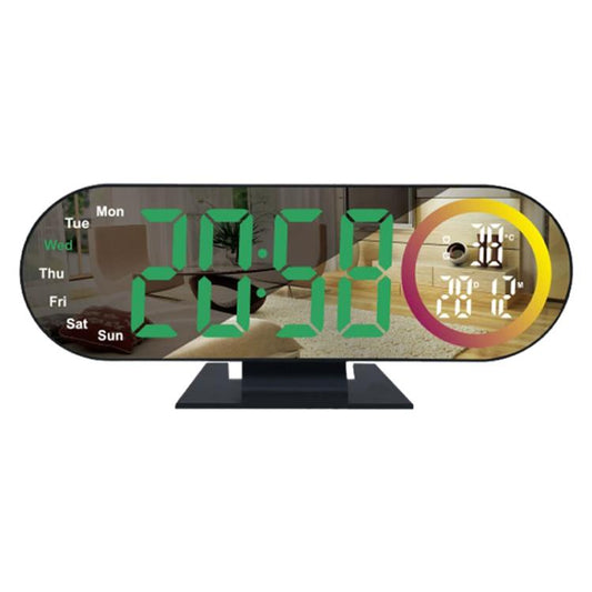 Green LED digital mirror clock showing time and day names on curved screen