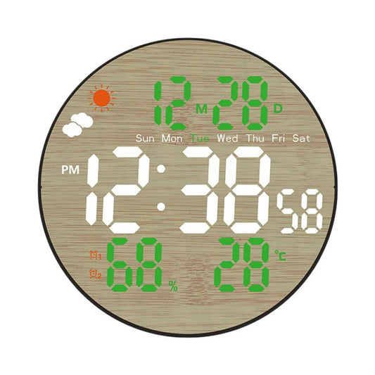 Round LED bamboo-grain weather clock with green digits and weekday/temperature display