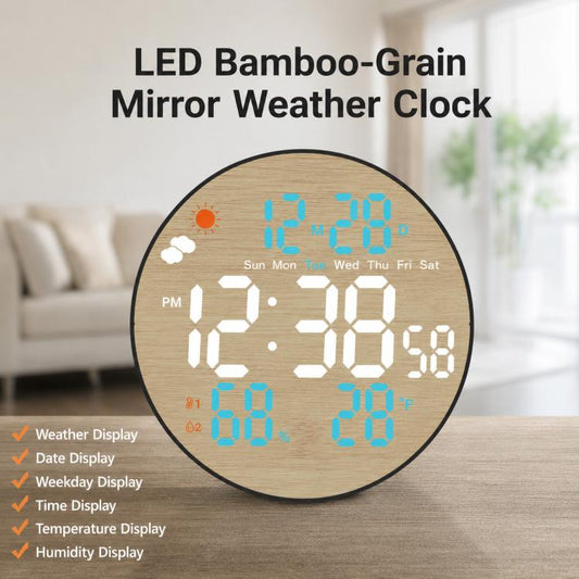 Round LED bamboo-grain mirror weather clock showing blue time, date, weekday, temperature
