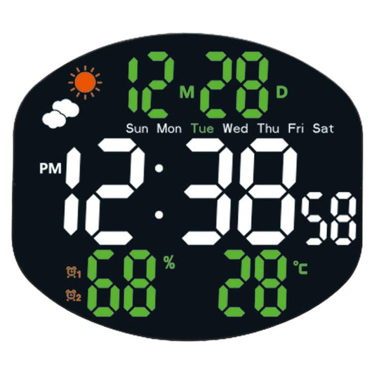 LED digital weather clock with green LED time, date, weekday, humidity and temperature