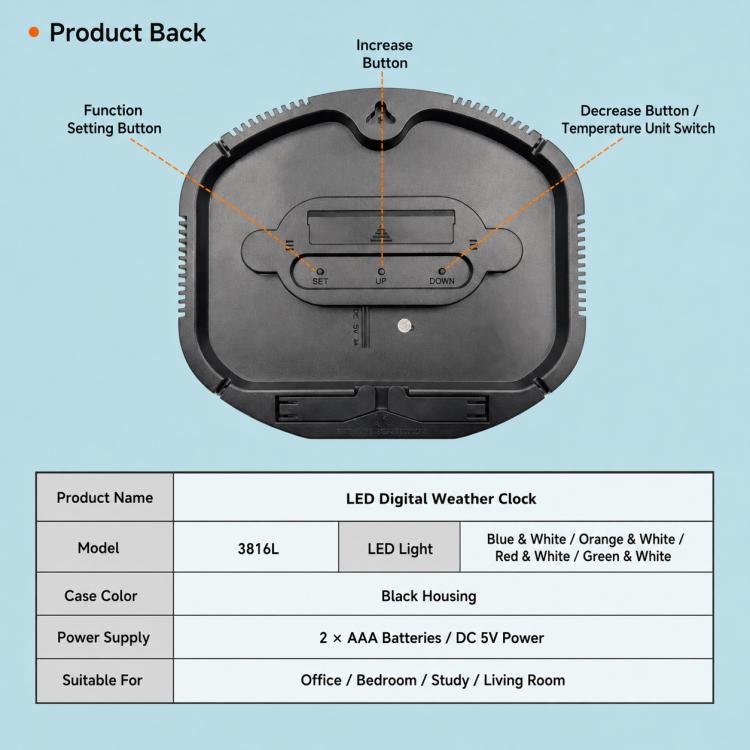 LED digital weather clock back panel with buttons and black housing