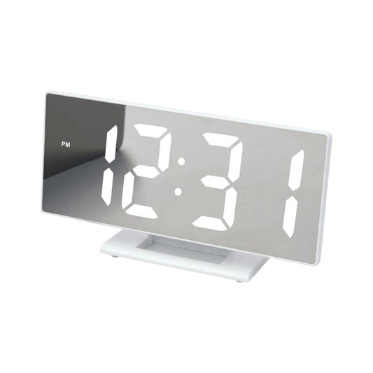 Digital LED mirror clock with white digits on a white frame