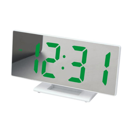 Digital LED mirror clock with green digits on a white frame