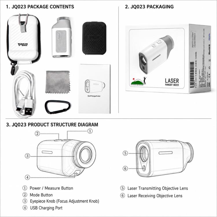 Mini magnetic golf rangefinder package contents: device, accessories, and box