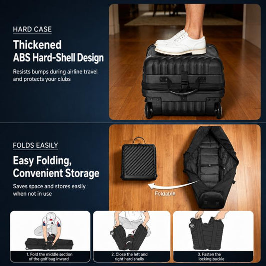 Black hard-shell golf travel bag with thick ABS case and rolling wheels for travel.