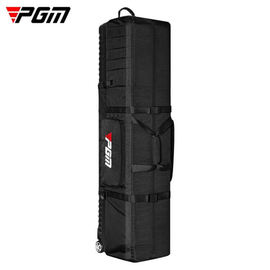 Foldable hard-shell golf travel bag in black fabric sleeve with small wheels, upright.