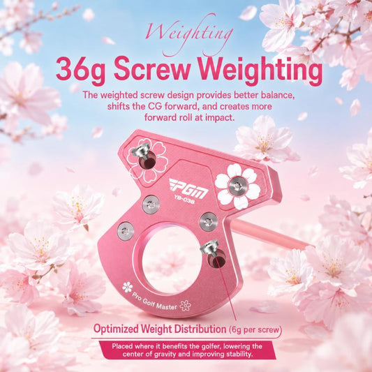 Pink golf putter head with flower accents and visible screw weight on the face plate