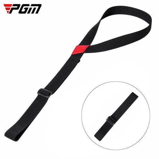 Golf swing transition strap, black elastic strap with red accent label.