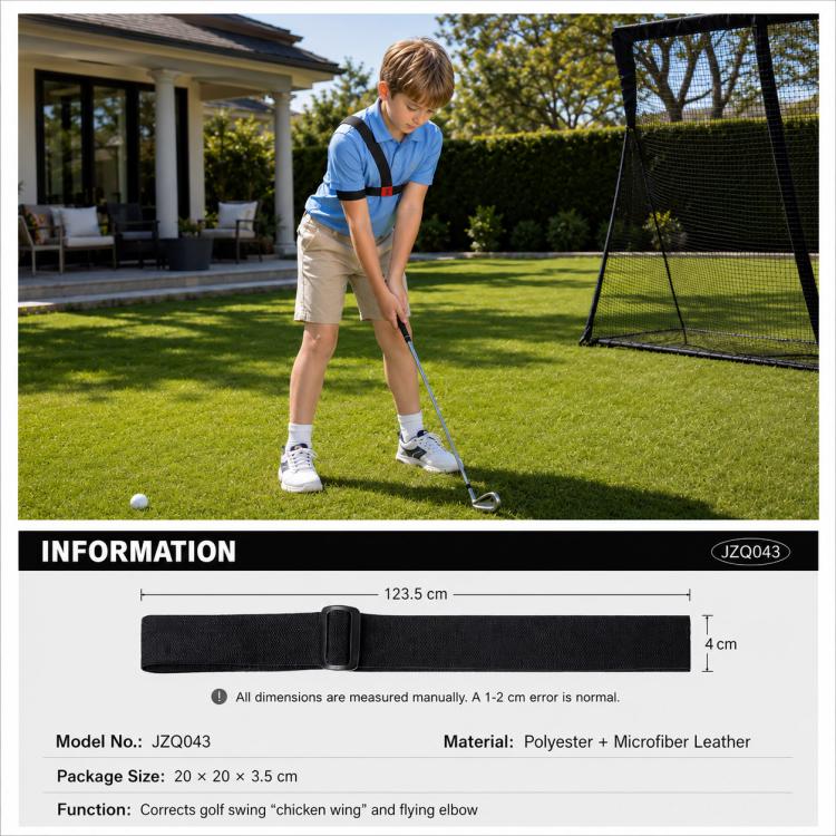 Black golf swing strap dimensions: 123.5 cm length, 4 cm width; adjustable buckle.