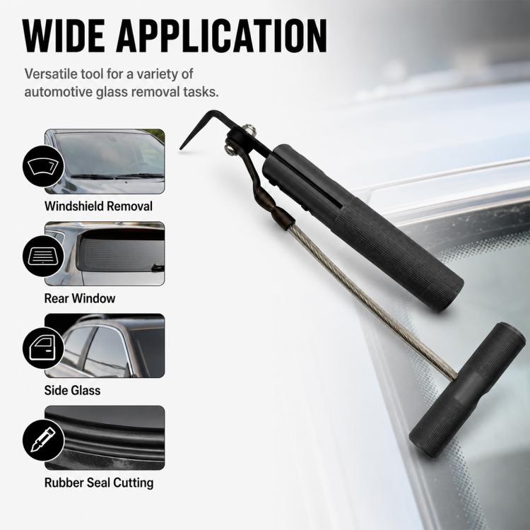 Auto glass rubber seal cutting tool with hook blade, black grips, and long wire