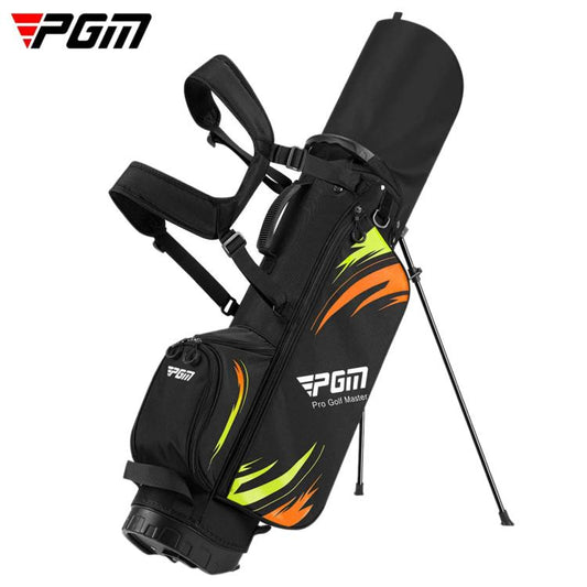 Youth golf club carry bag, black with green accents, dual shoulder straps and stand legs.