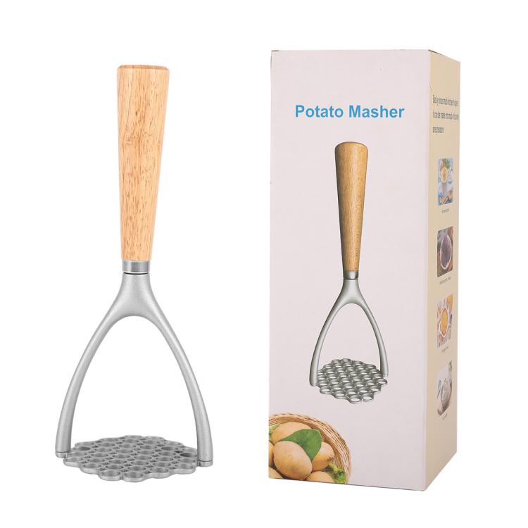 Potato masher product box with oak handle and perforated aluminum mashing plate shown