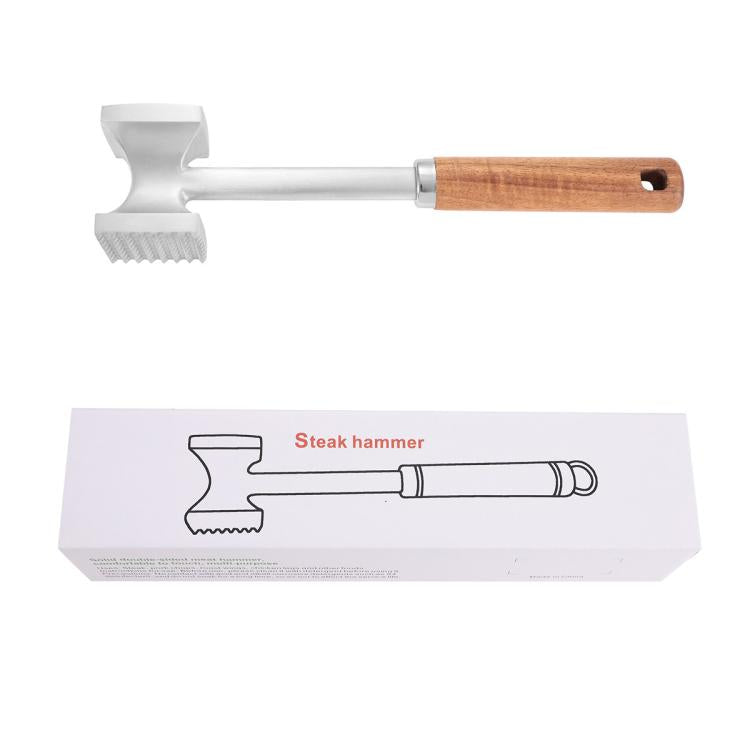 Double-sided meat mallet with shiny stainless head and wooden handle on white background